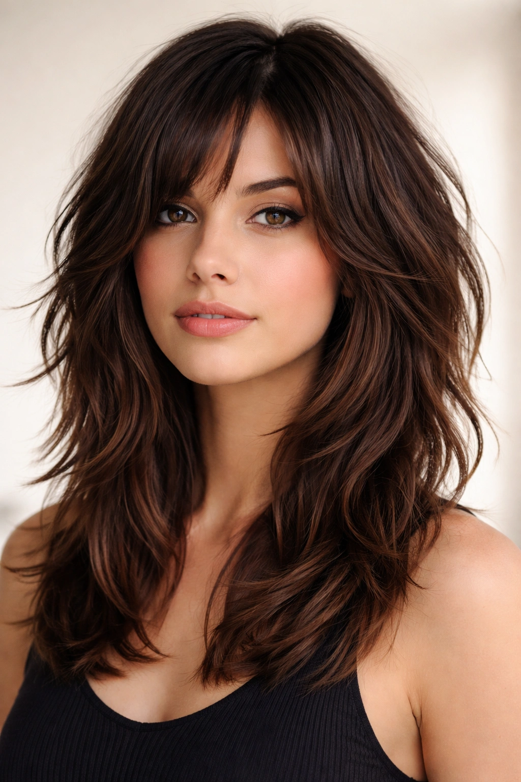 Close-up of thick hair showing choppy face-framing layers and volume
