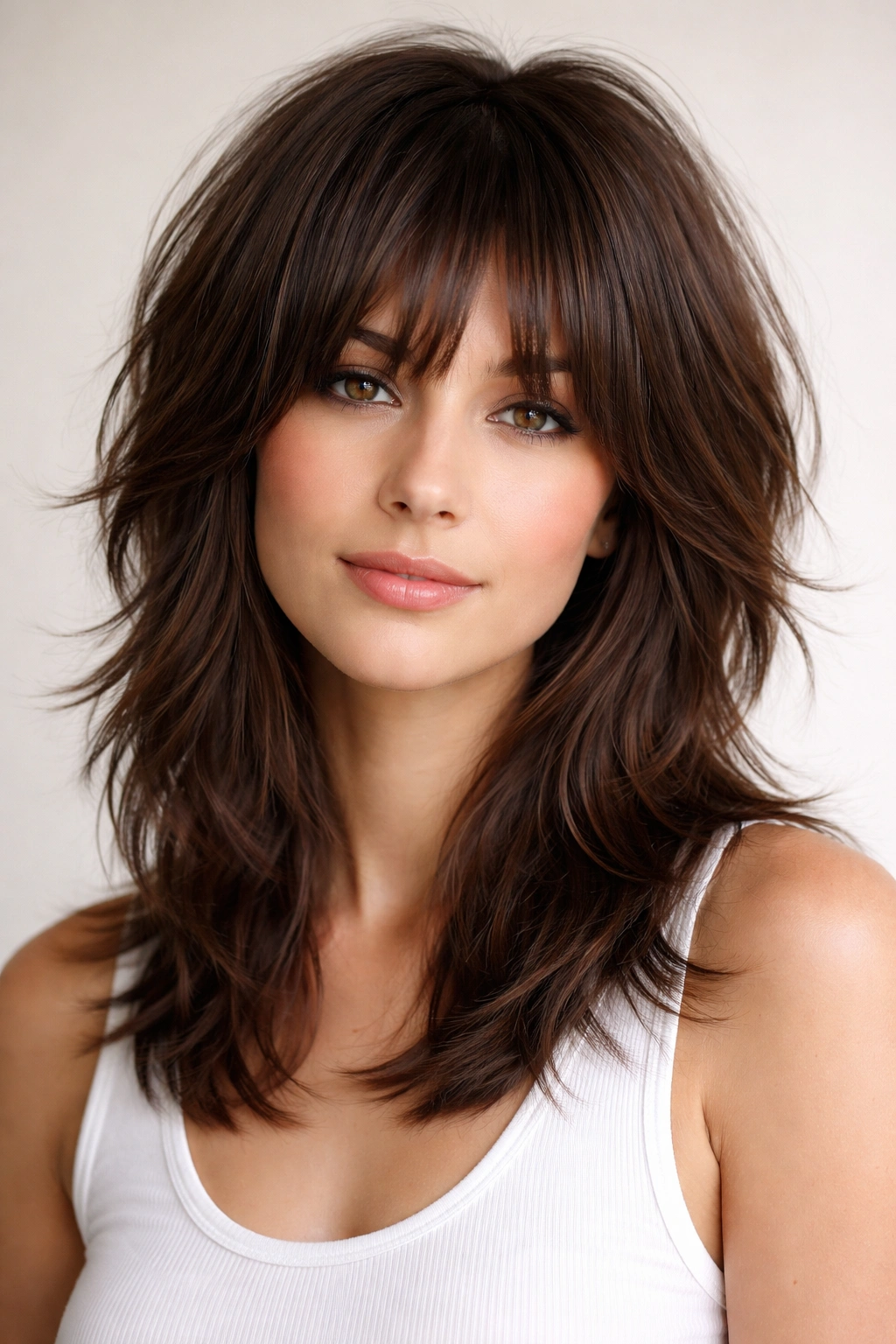 Thick hair shag with strategically shortened layers showing volume