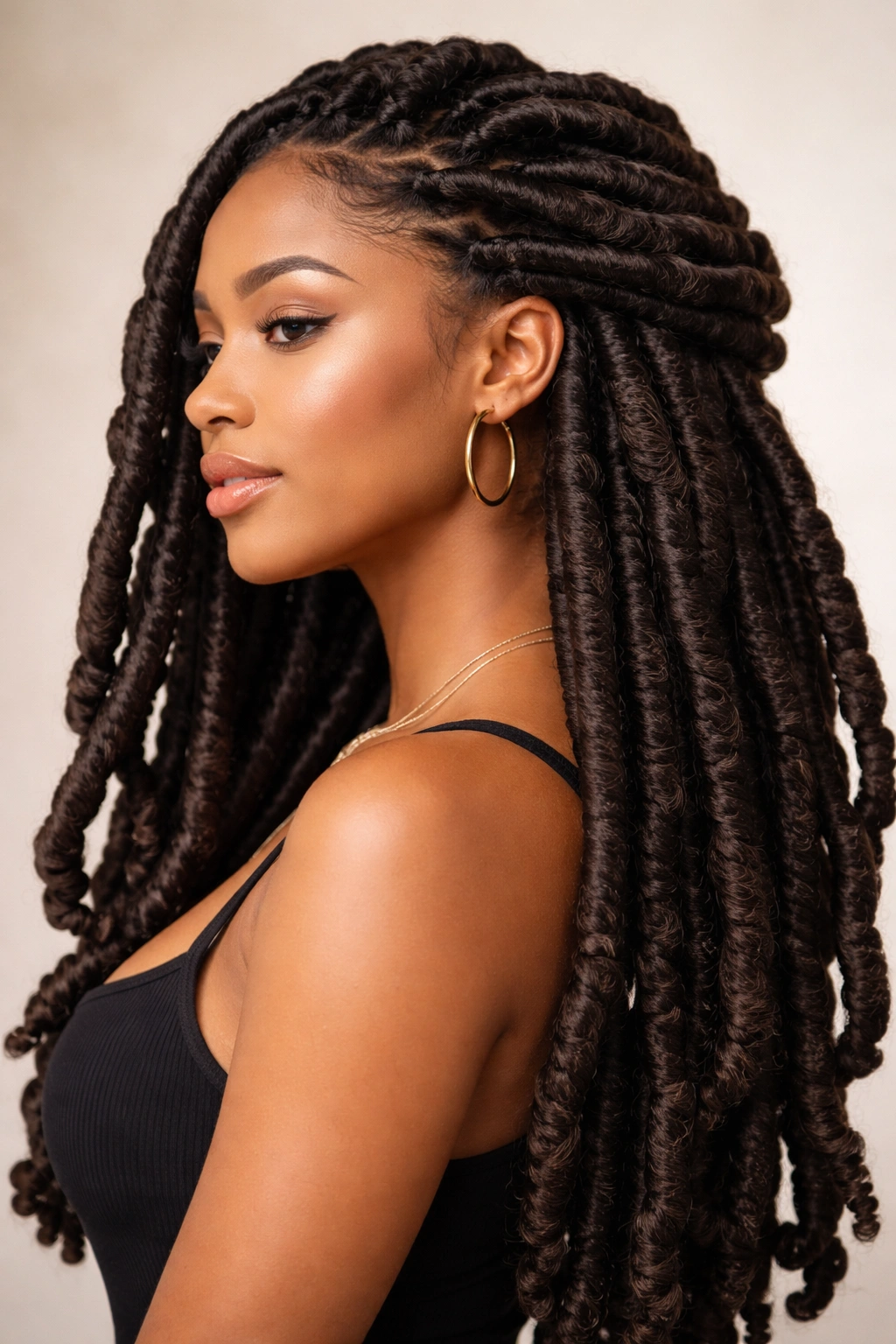 Profile view of thick, bold faux locs