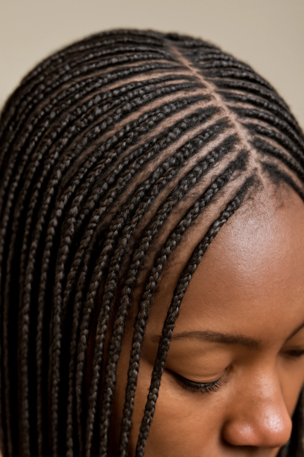 Close-up of thin pencil box braids across the scalp in studio lighting
