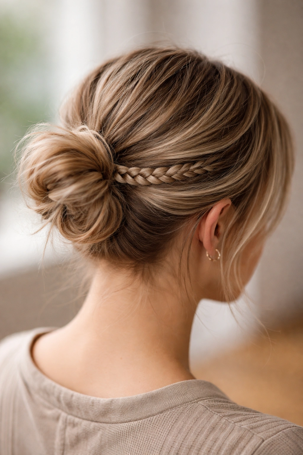 Delicate thin braid wrapped around a bun on short hair.