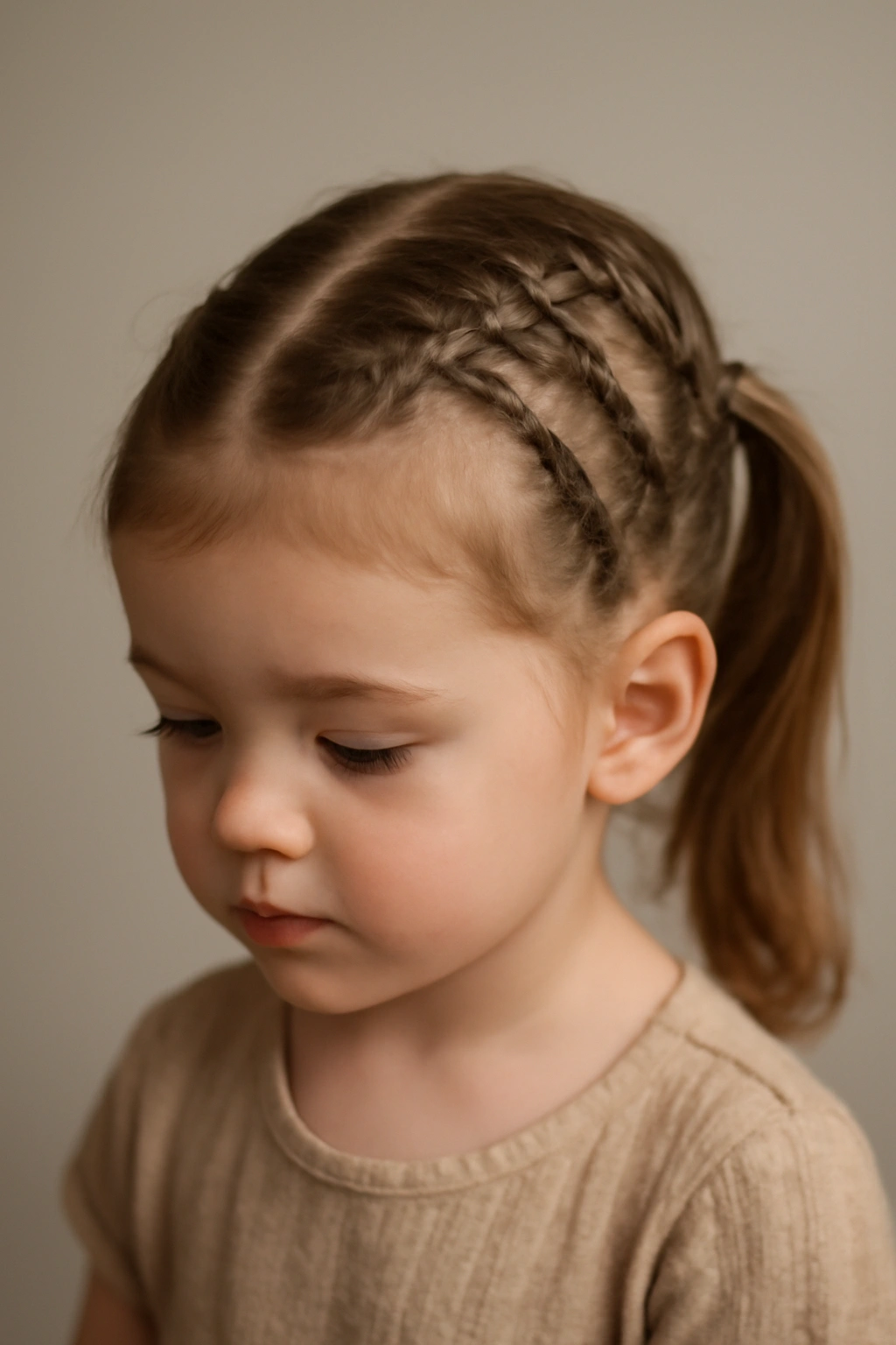 Headshot of toddler with several thin braids forming a half-up pony