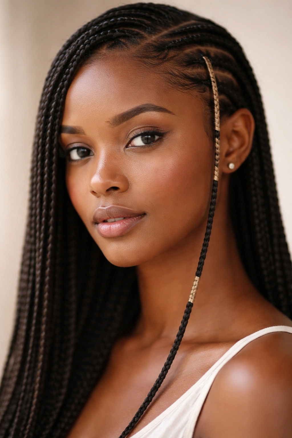 Two thin braids with one wrapped in thread along a side part