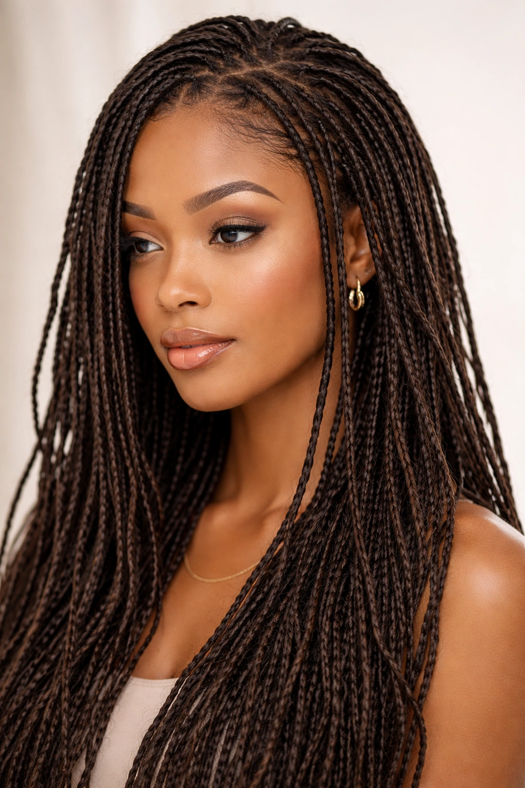 Close-up of thin delicate faux locs with many slender strands