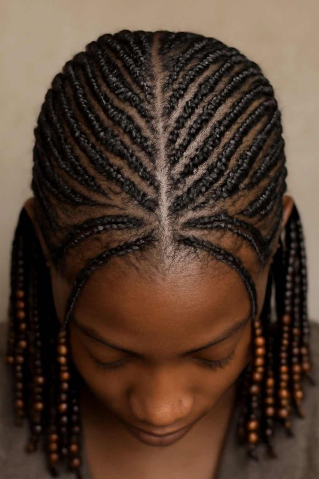 Close-up of thin detailed pigtail braids with beads and intricate patterns