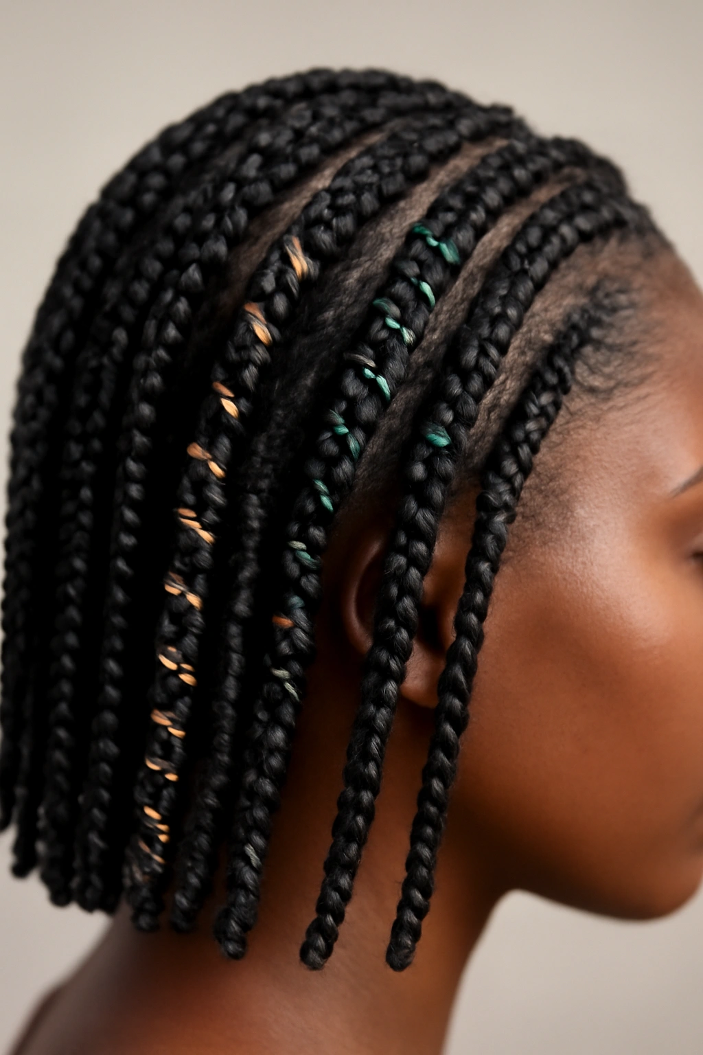 Box braids with colored thread accents woven through few plaits