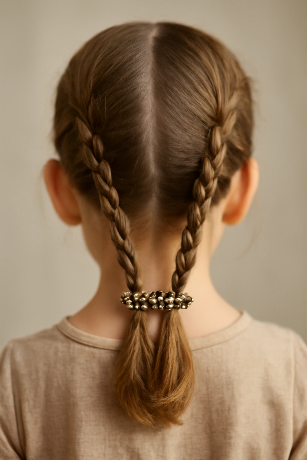 Three small braids clipped together at the nape with a decorative barrette