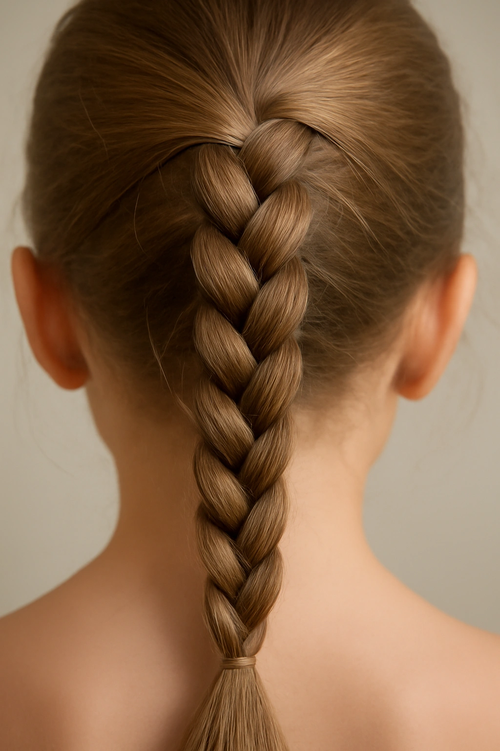 Close-up of a three-strand classic braid starting at the crown