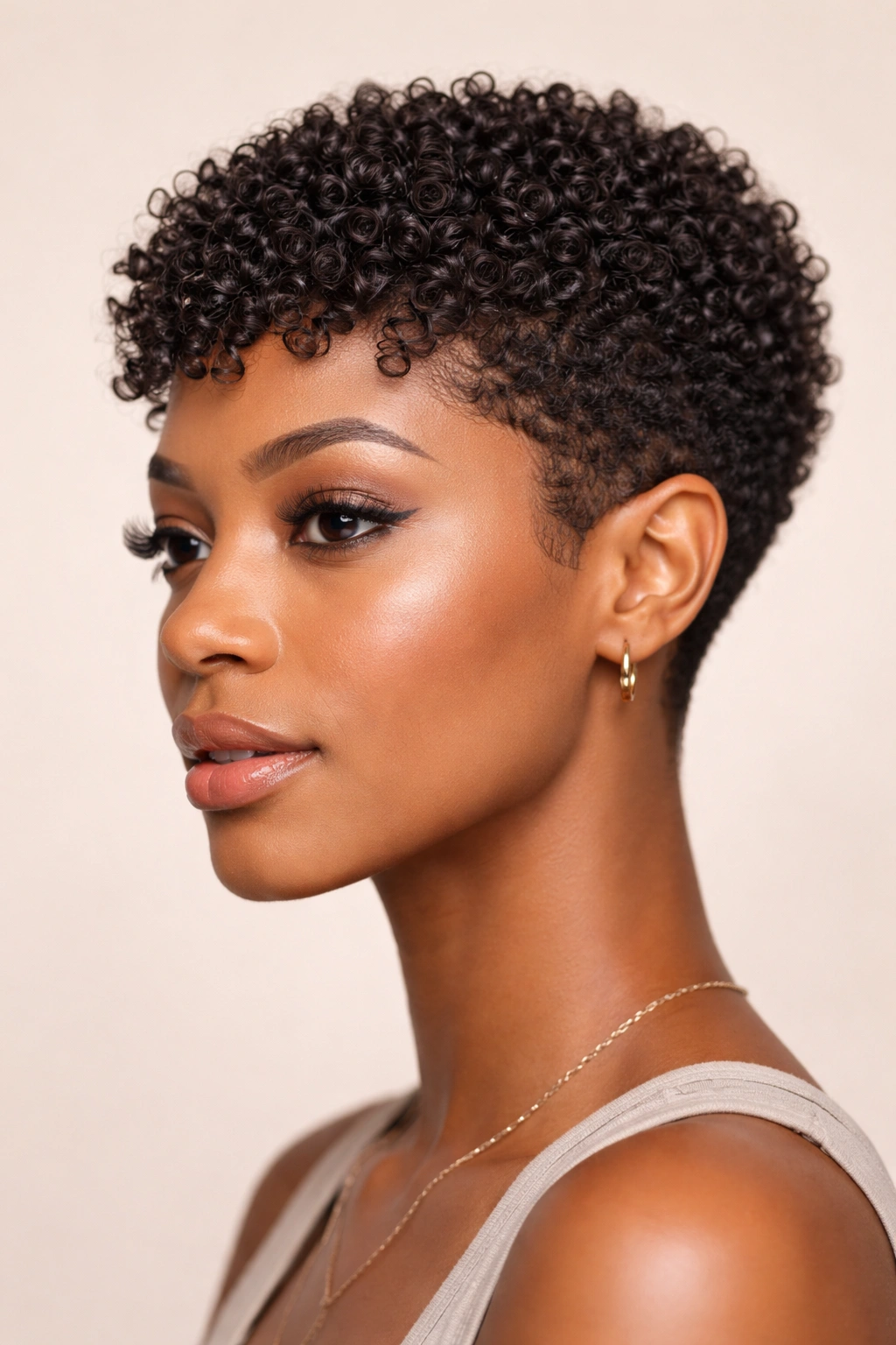 Close-up of a tight coil pixie cut with defined curls