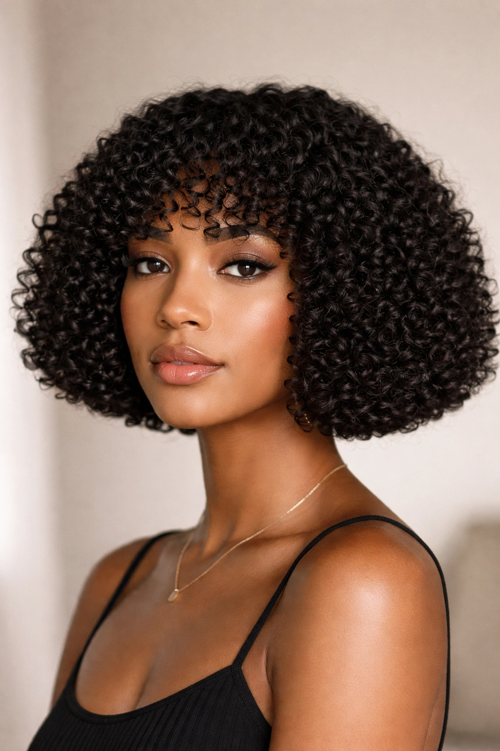 Tight curl blunt bob with a straight across cut