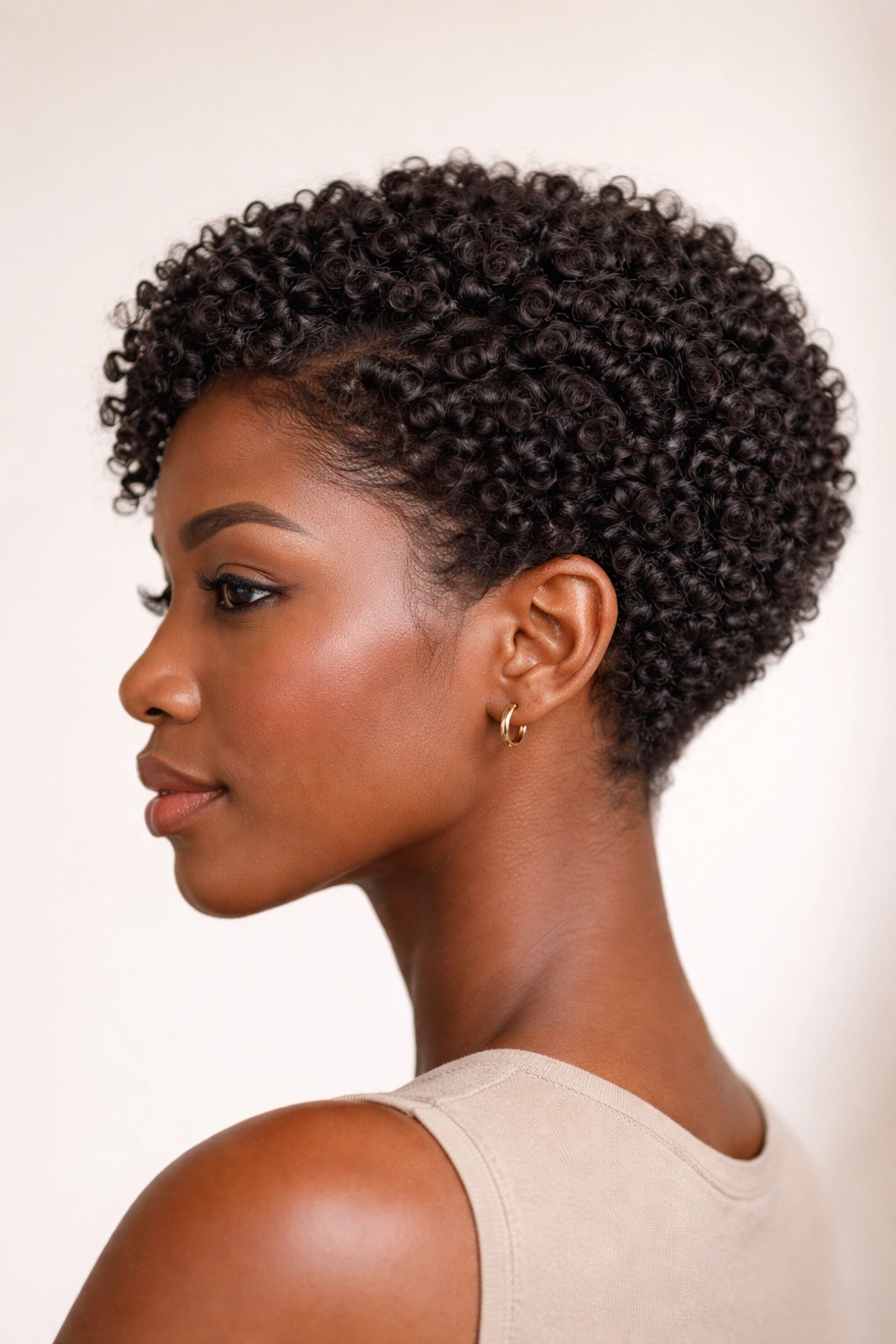 Tight sculpted bob on coily hair with close crop