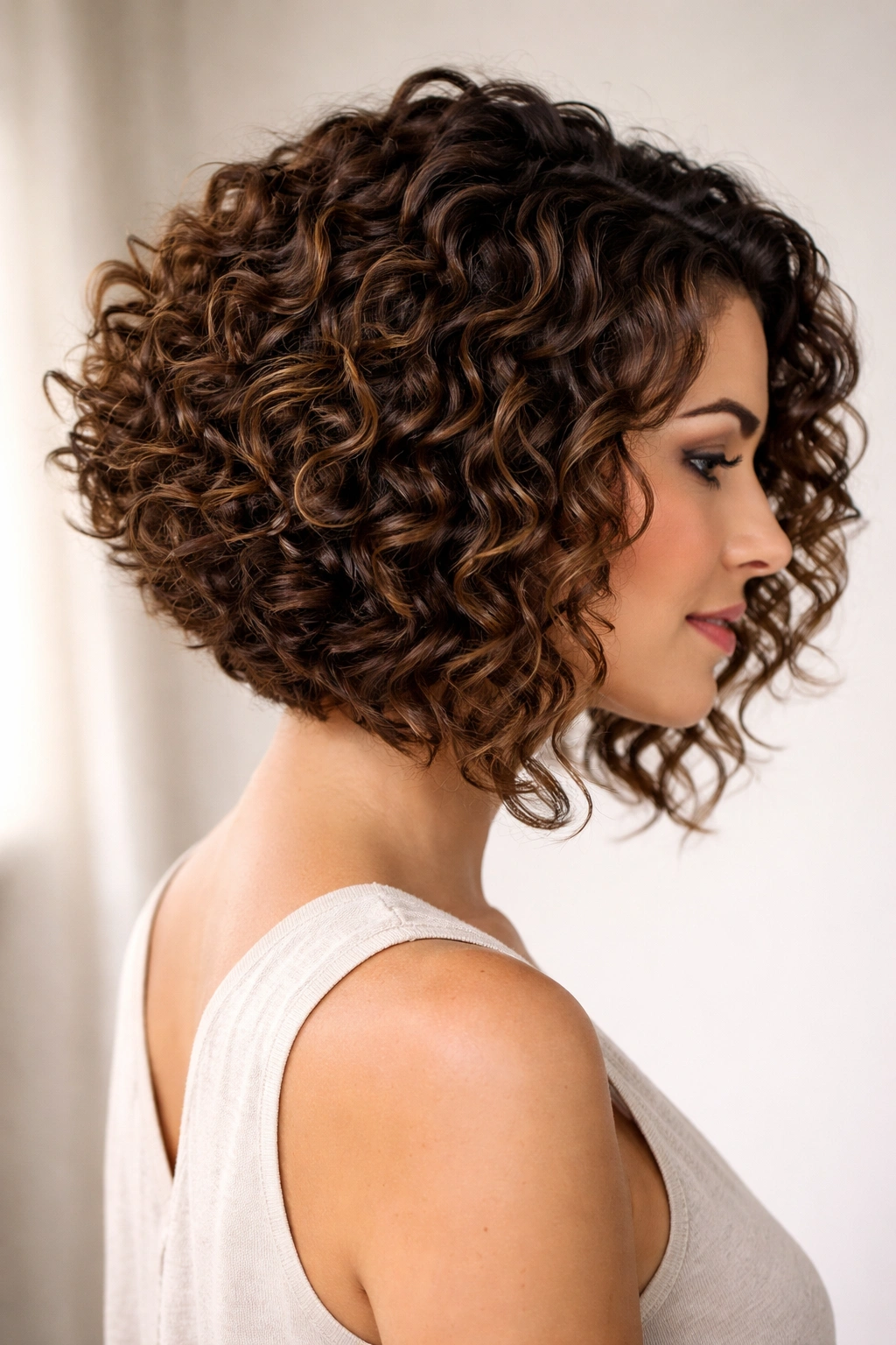 Close-up of tight spiral curls with angled layered bob