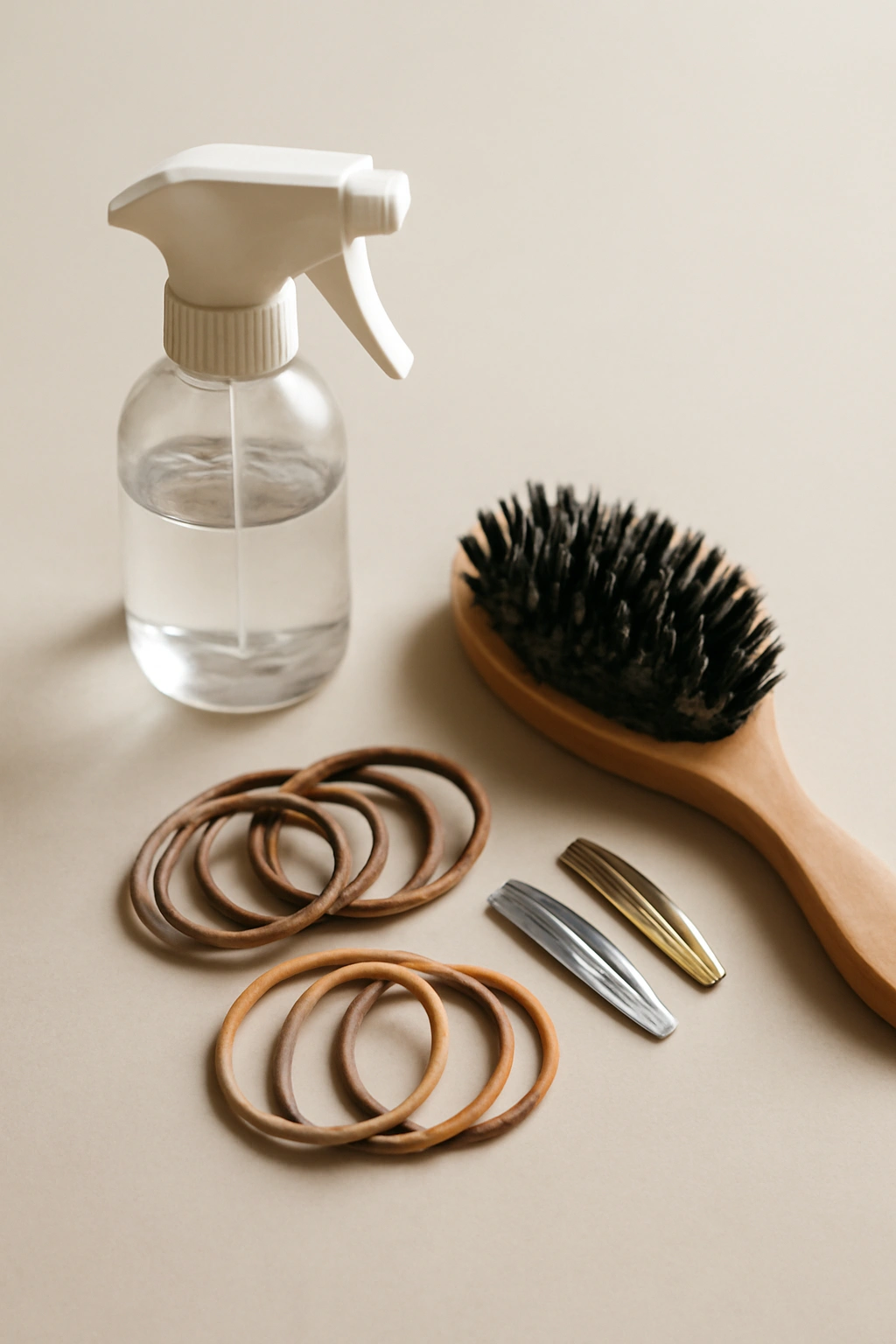 Close-up of toddler hair tools including spray bottle brush elastics and clips on a clean surface