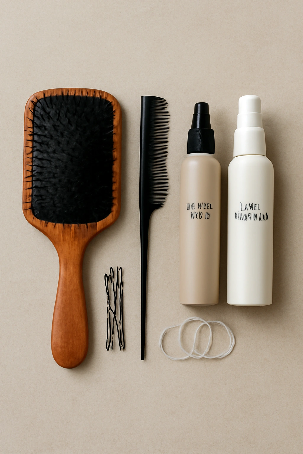 Flat lay of bun styling tools and products with brushes, pins, elastics, and sprays.