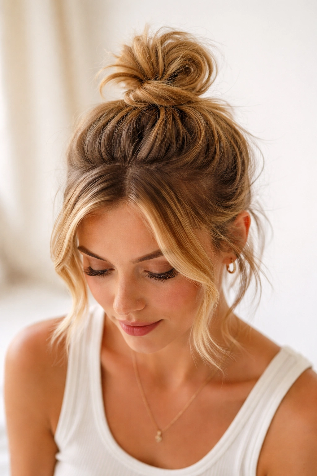 High top knot on short hair with loose surrounding strands