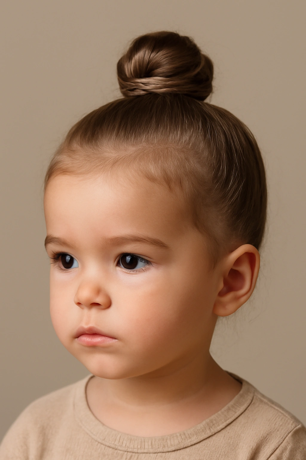 Toddler top knot with reinforced base secured by pins.