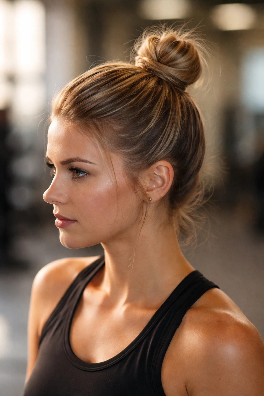 Front view of a secured top knot on short hair