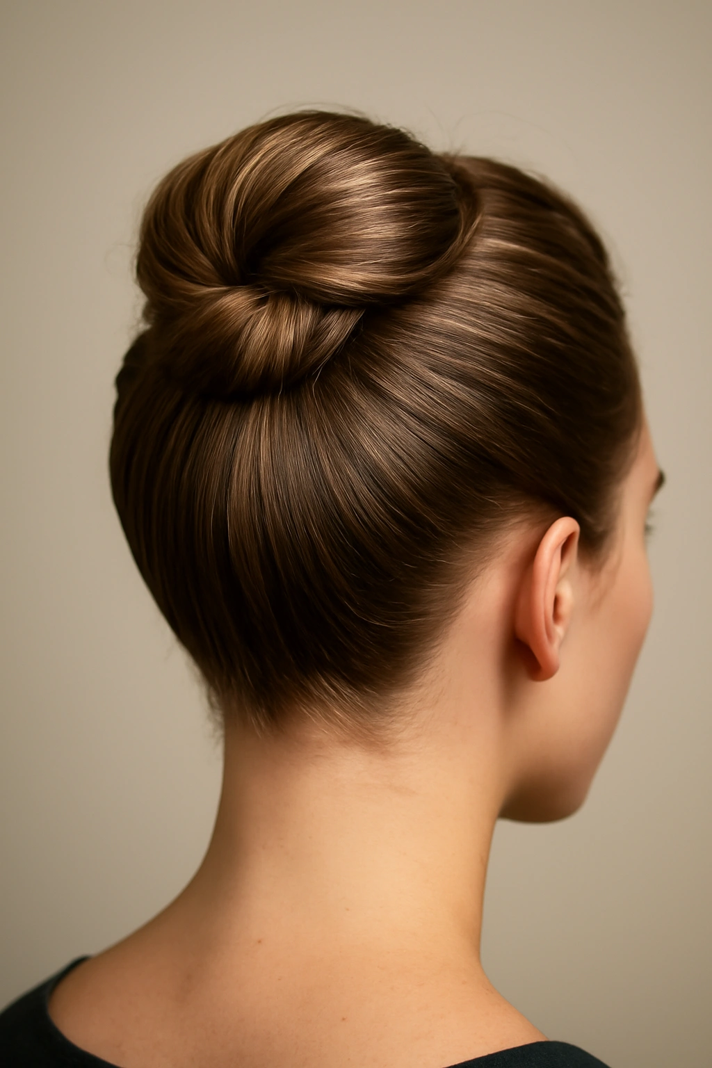 Sleek sculpted top knot at the crown