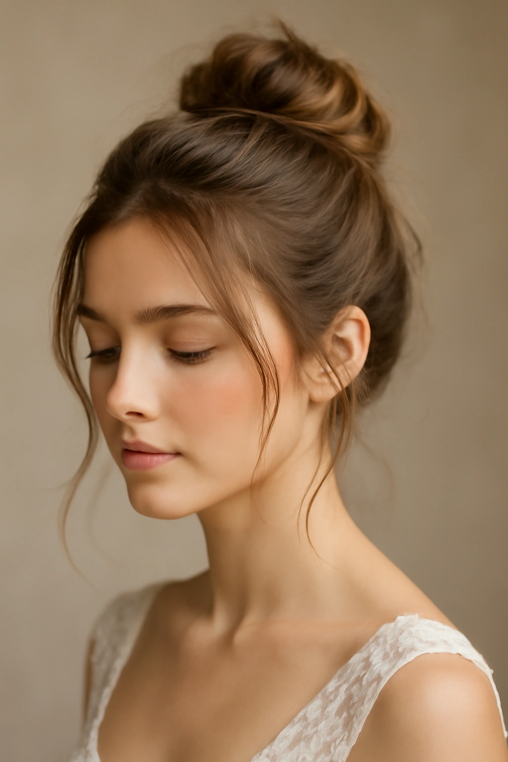 Close-up of delicate top knot updo with wispy strands on bridal look