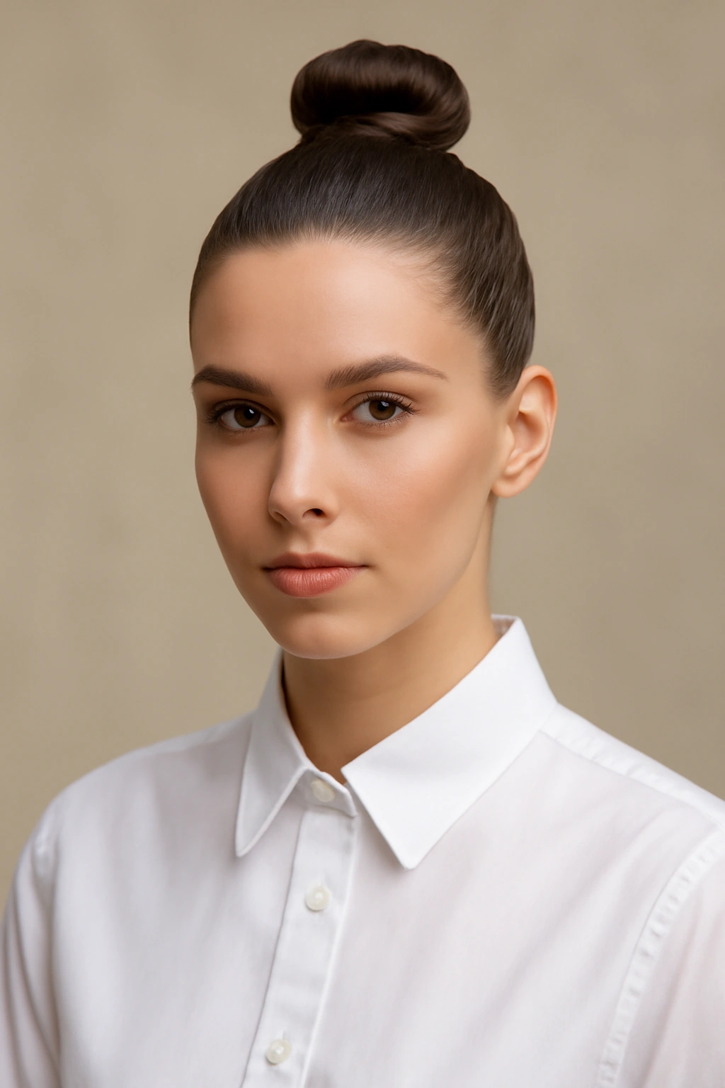 Close-up of a high polished topknot at the crown with a sleek, secure bun.