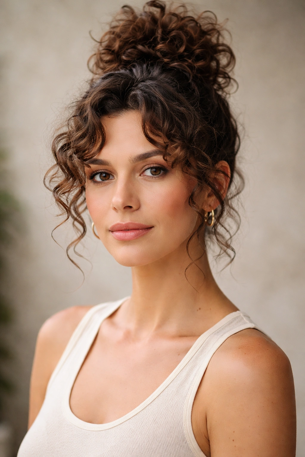 Topknot of curly hair with face-framing layers