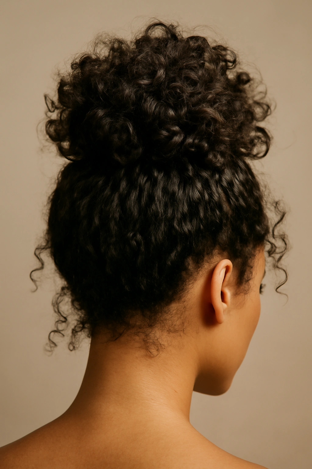 Voluminous curls gathered into a loose topknot at the crown