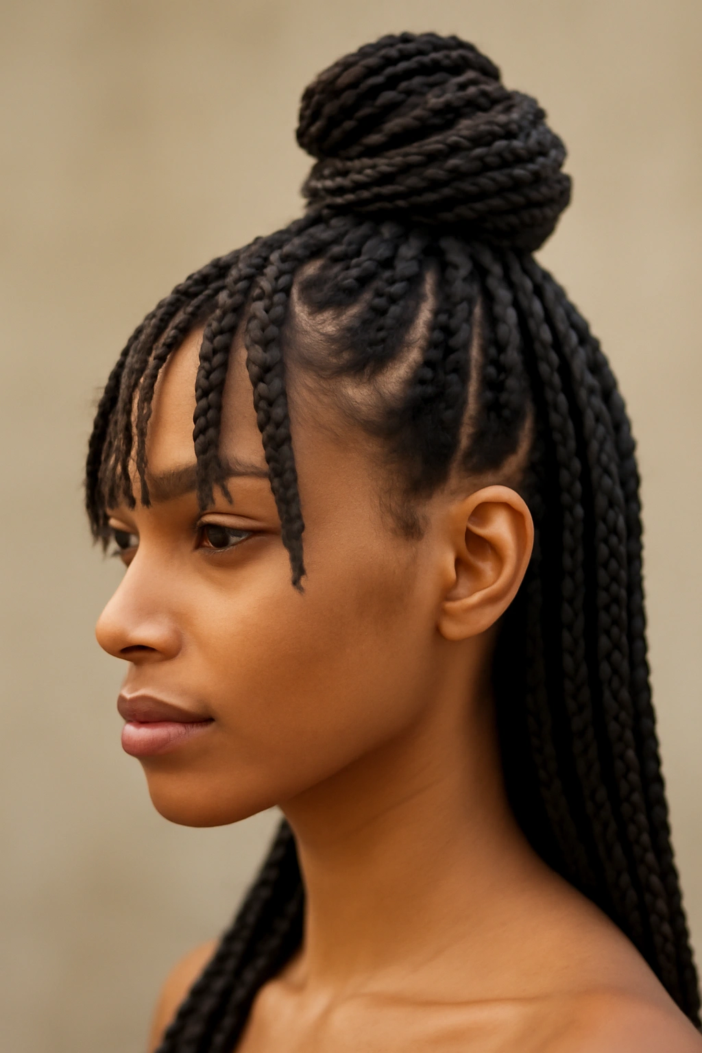 Topknot with fringe made from box braids