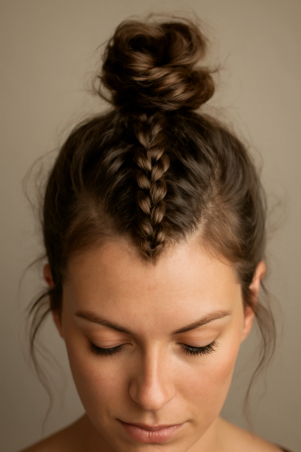 Center mohawk braid ending in crown topknot with studio lighting