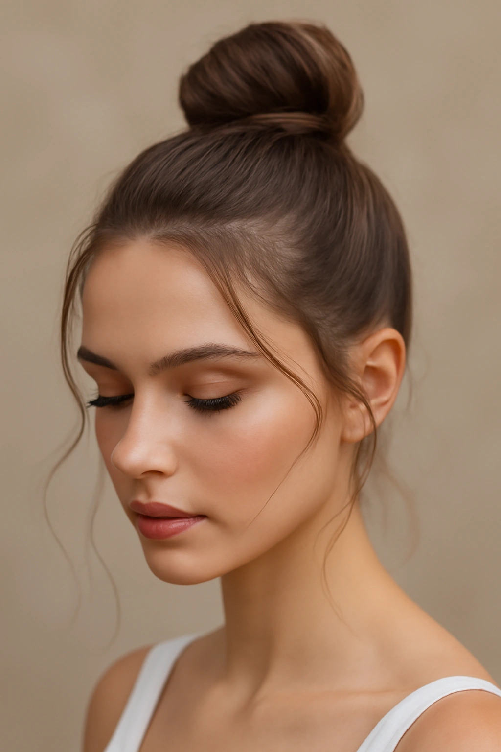 Sleek high topknot with wisps around the face