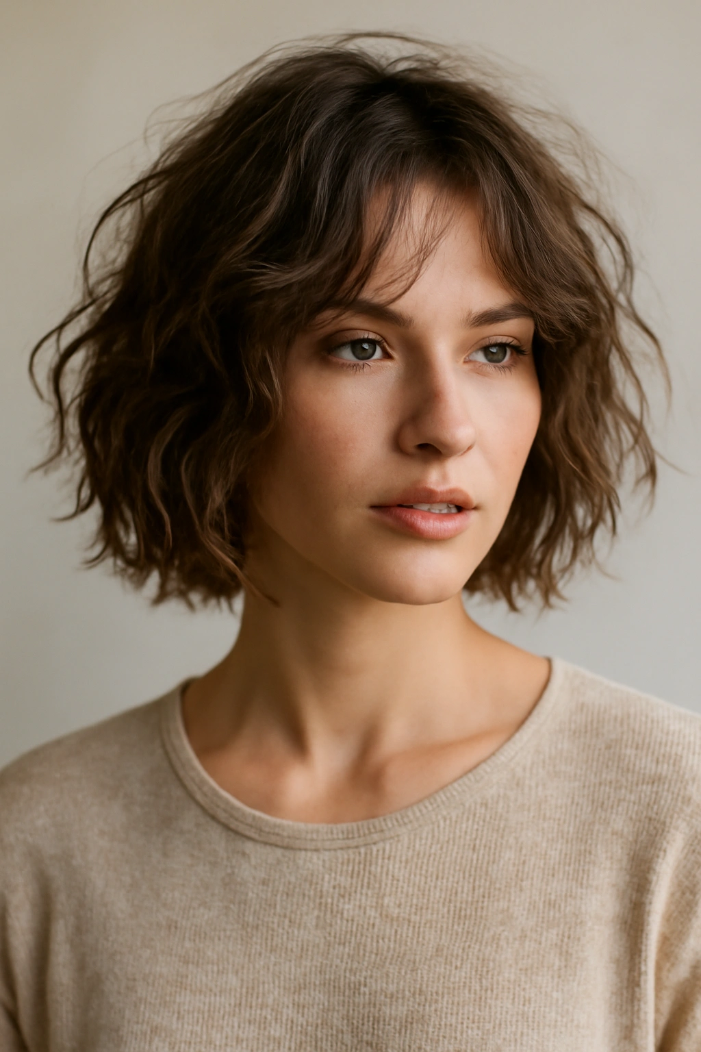 Chin-length beachy bob with tousled waves and surface texture