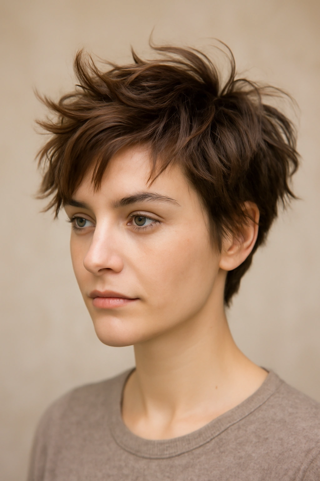 Close-up of tousled bedhead texture with piece-work detailing on short hair.