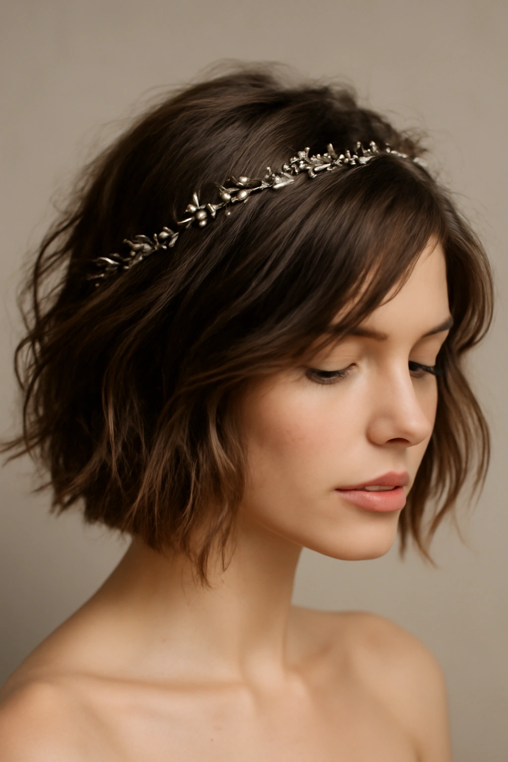 Tousled bob styled with a thin decorative hair vine across the crown