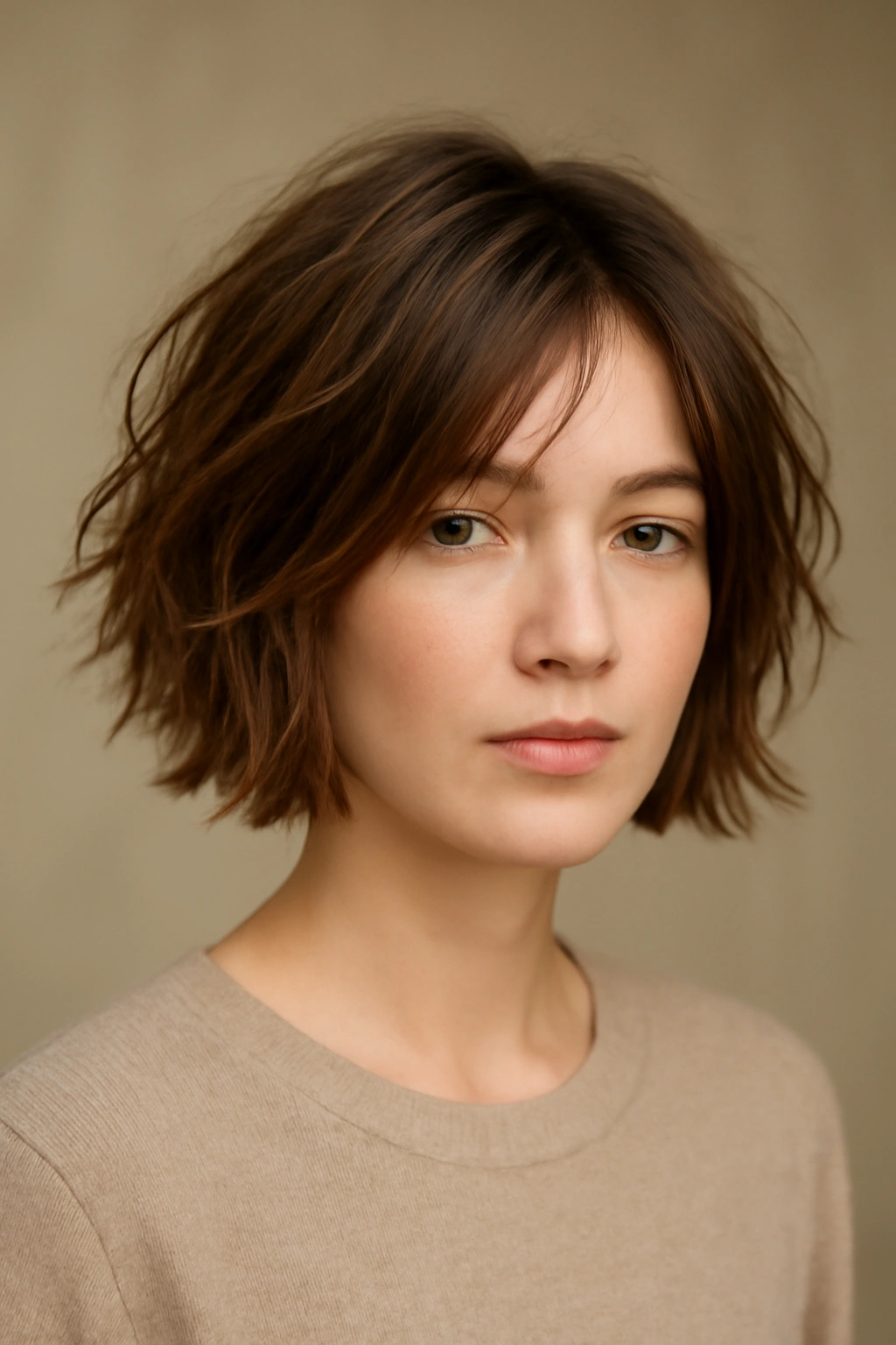 Portrait of a woman with a tousled bob featuring layered, natural-looking texture