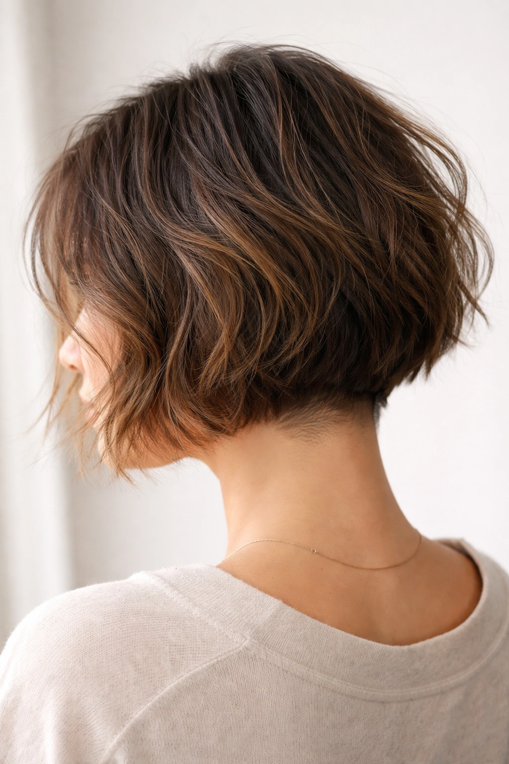 Shoulder-length tousled bob with subtle nape shave