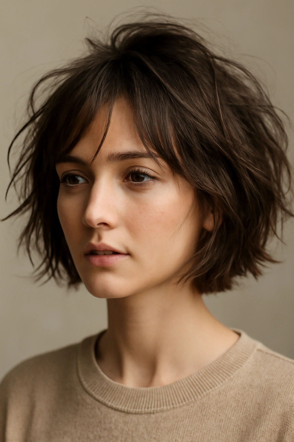 Close-up of a textured tousled bob with piecey ends and natural lift