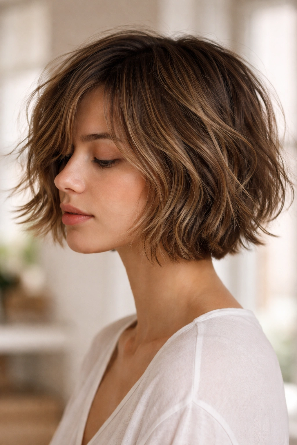 Three-quarter view of tousled short bob with textured layers