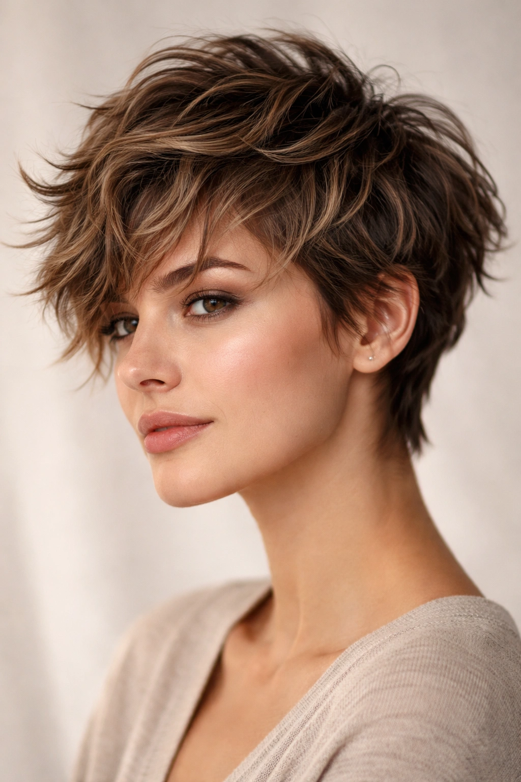 Close-up of a tousled choppy pixie with longer top layers and textured waves