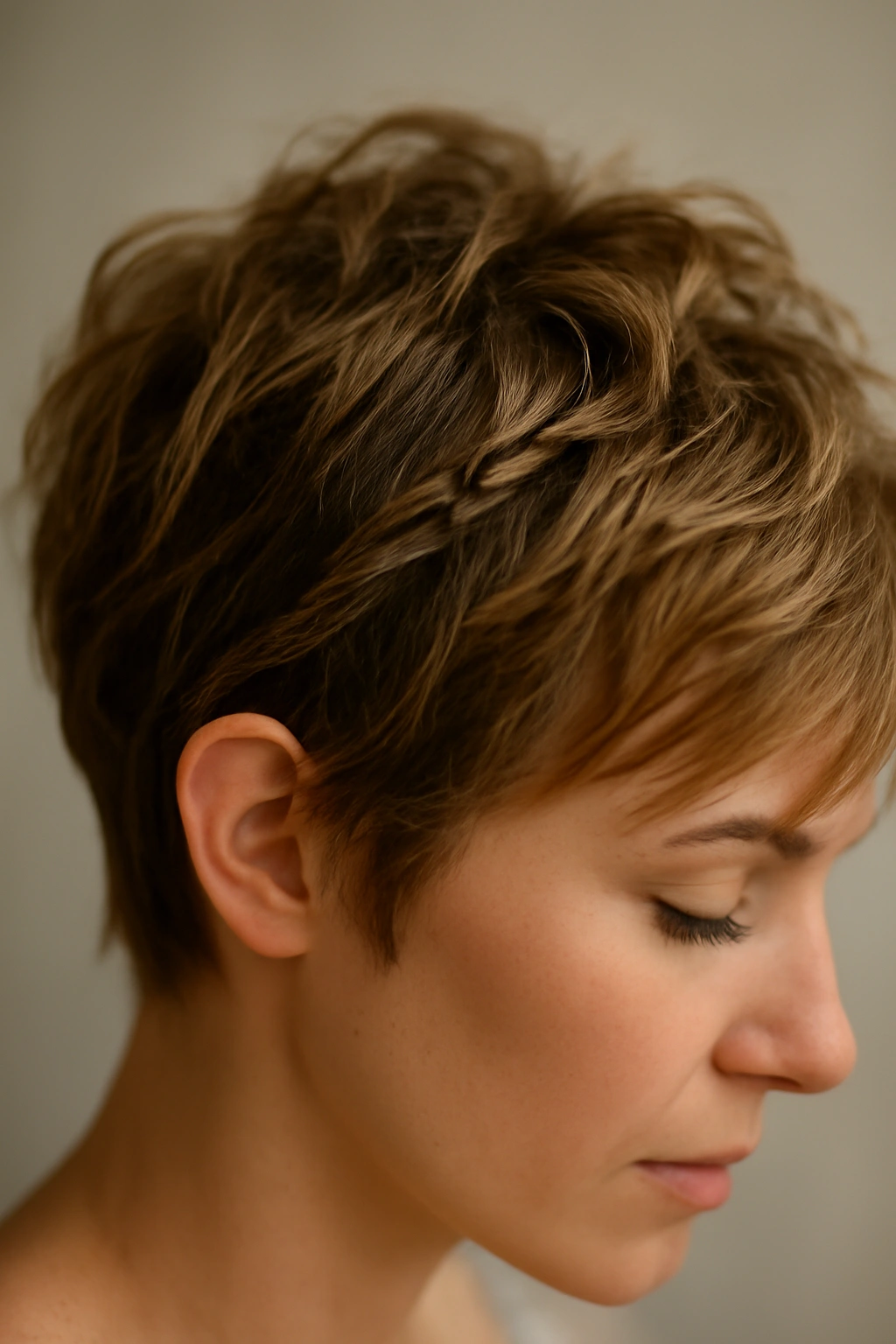 Tousled crop with subtle braids on short hair for wedding look