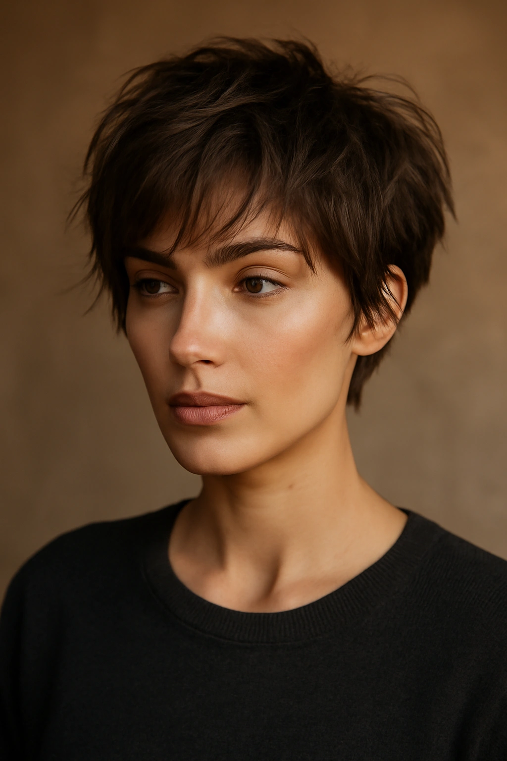 Close-up of a short tousled crop with intentional face-framing pieces