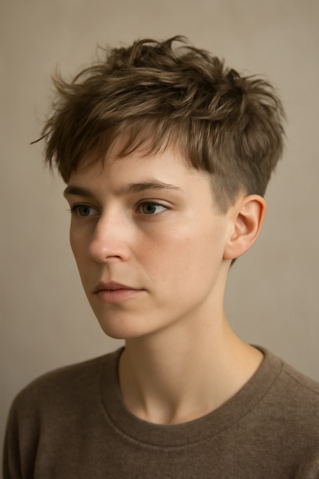 Portrait of a person with a tousled crop featuring undone texture and short sides.