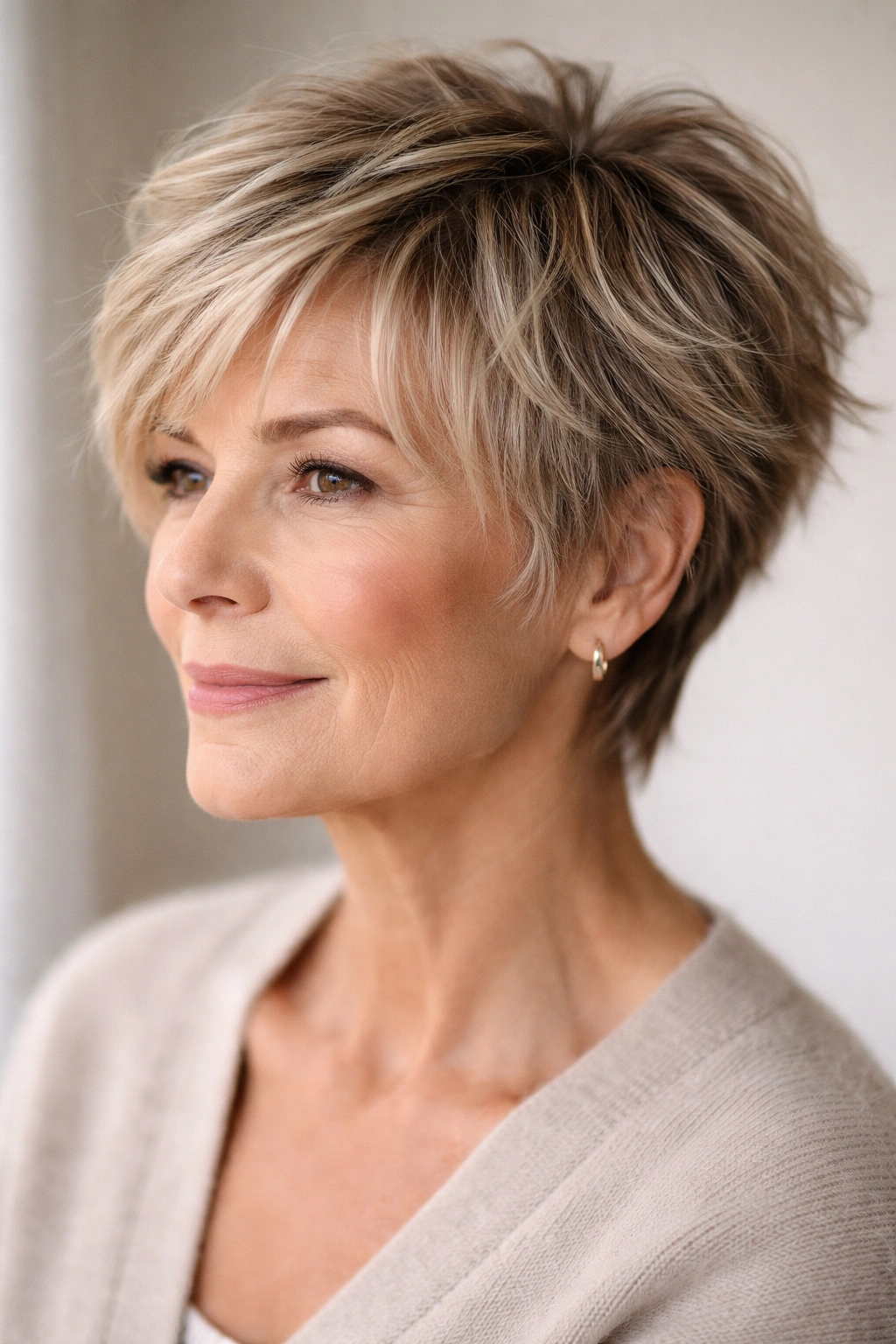 Close-up of an older woman's head showing a tousled piece-y crop with textured short pieces.