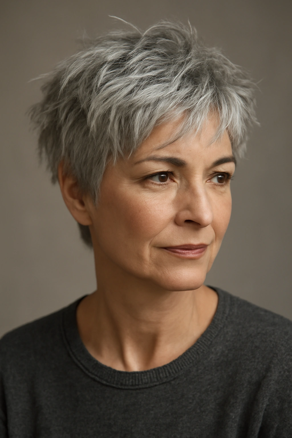 Gray-haired individual with a tousled crop showing textured, tousled layers