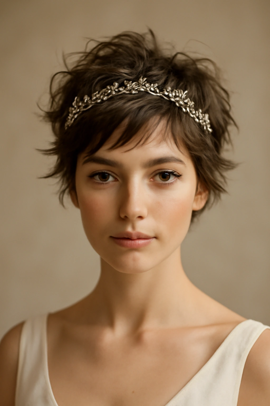 Close-up of a short textured crop with a delicate headpiece on top