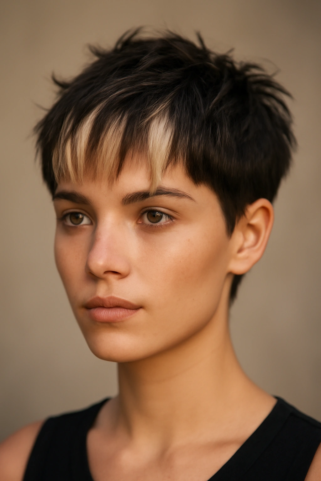 Tousled cropped hairstyle with bold front money pieces