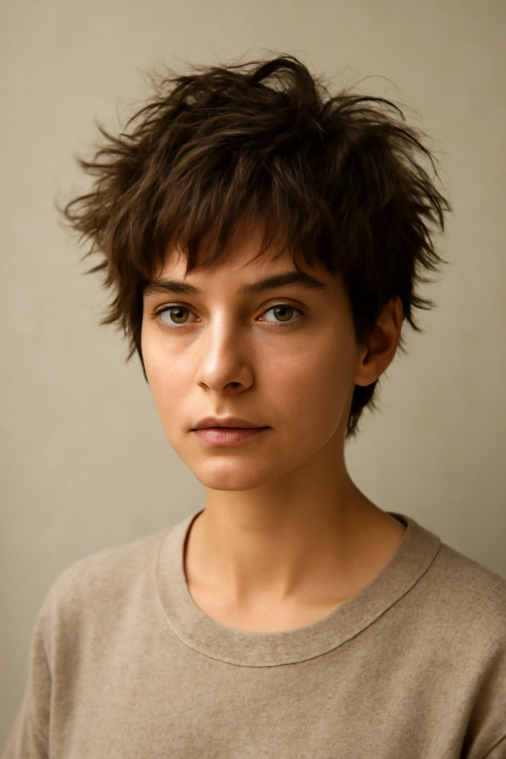 Model with tousled crop shag showing short back and longer top layers for texture