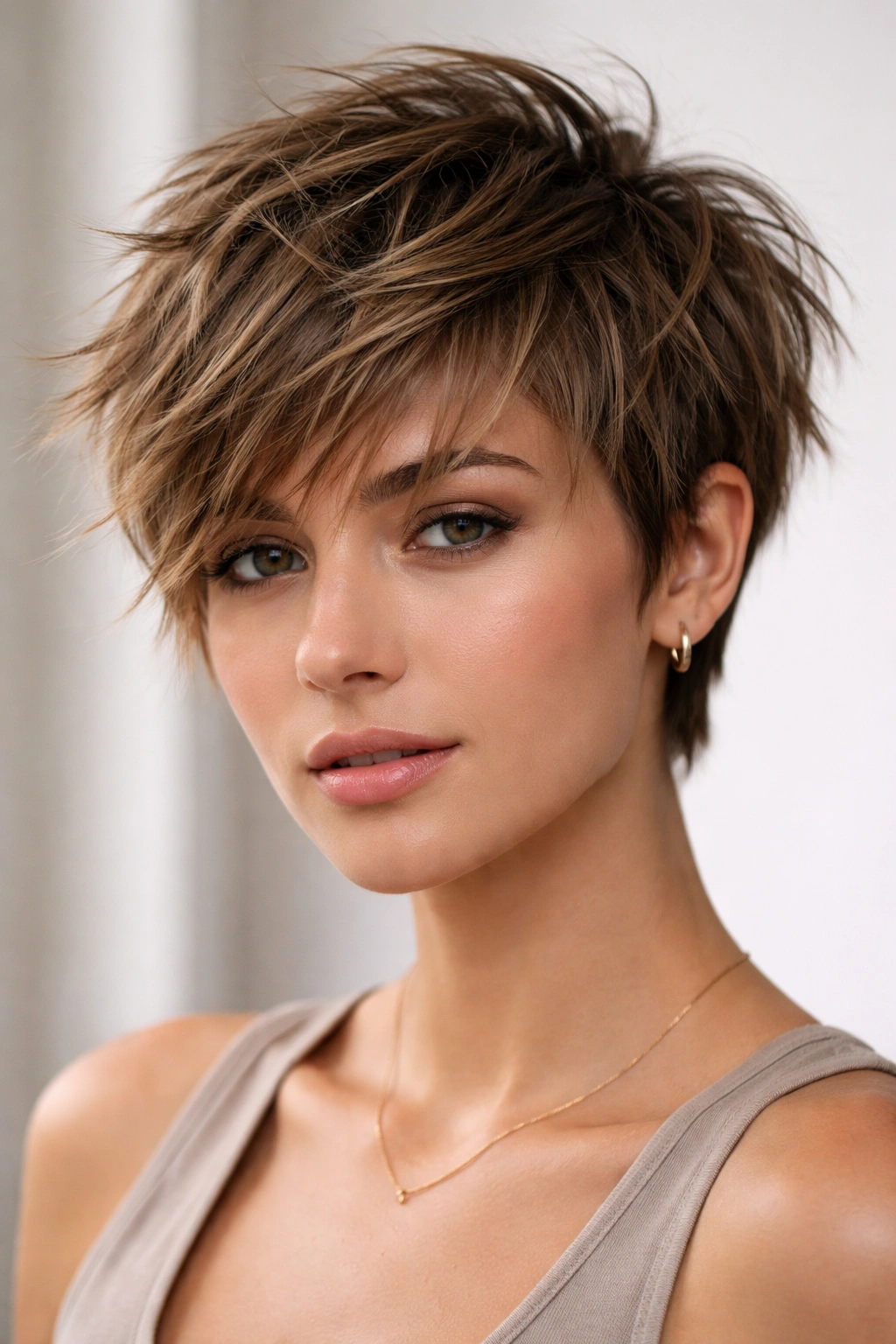 Close portrait of tousled textured crop with jagged, varied-length layers.