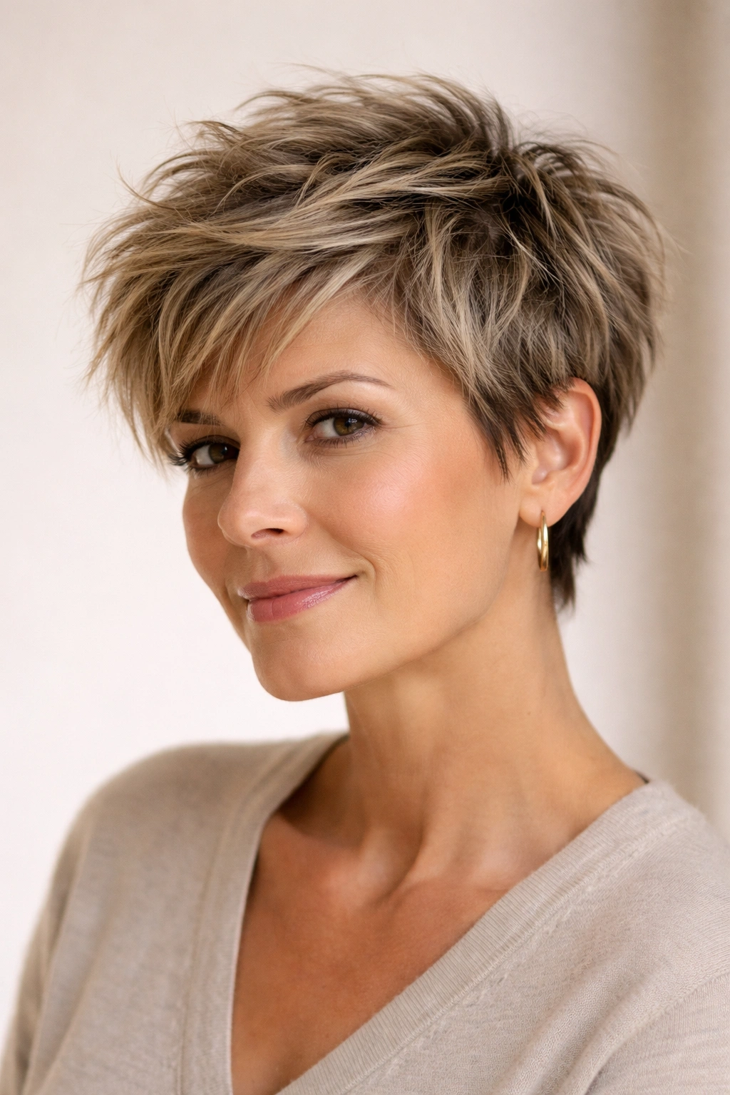 Portrait of a person with a short, textured tousled crop hairstyle
