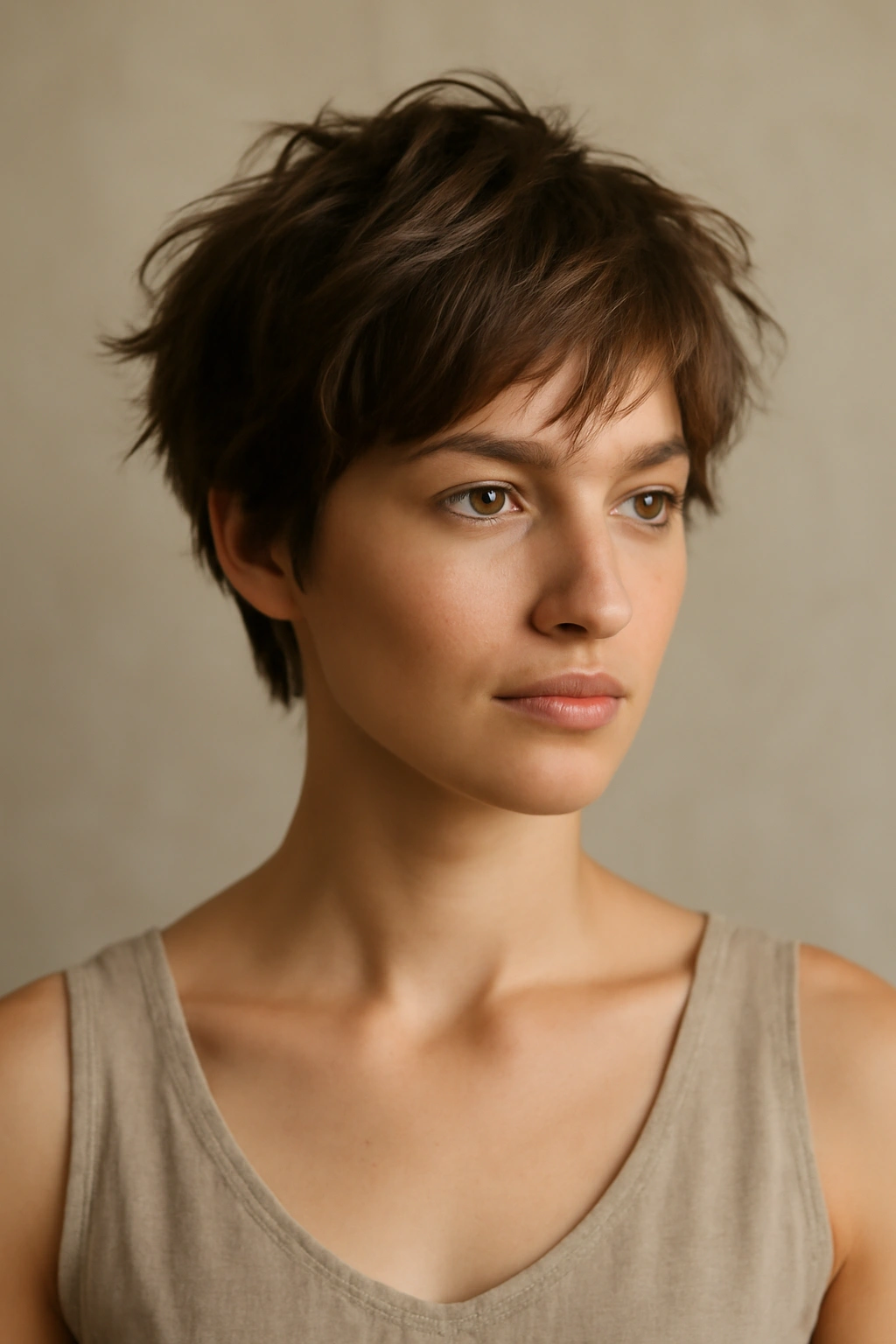 Model with tousled cropped hairstyle showing textured layers and effortless elegance