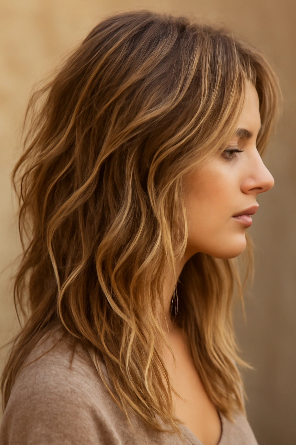 Long hair with tousled layers creating beachy texture and natural waves