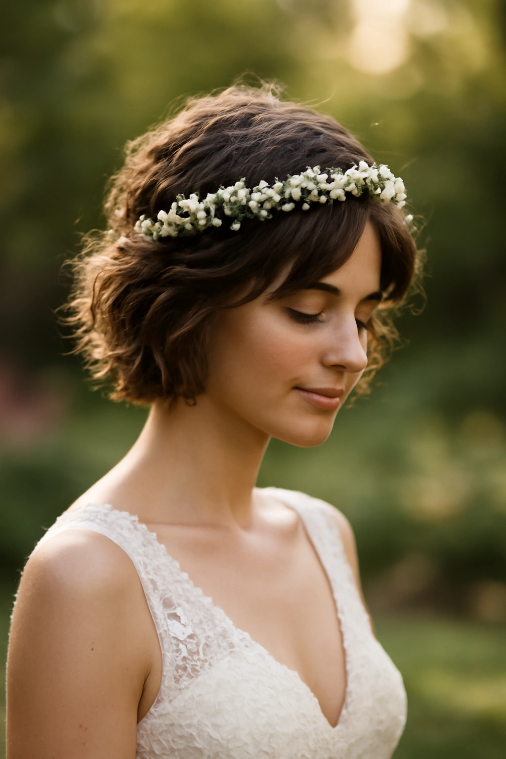 Tousled layered hair with a delicate head wreath in a garden setting.